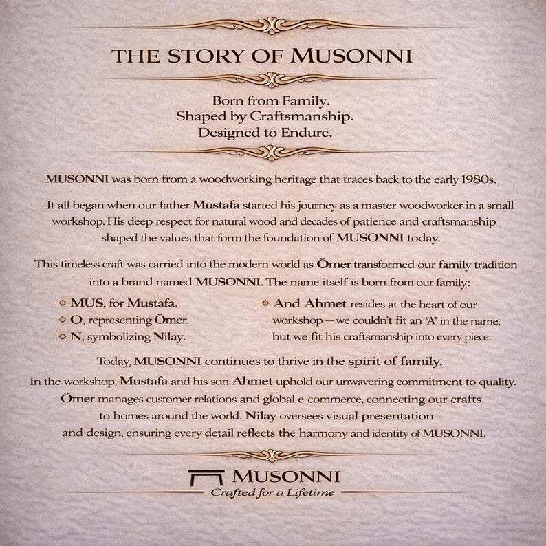 May include: A beige-toned document with the title "THE STORY OF MUSONNI" and text detailing the brand's history, values, and family involvement. The text includes the phrase "Crafted for a Lifetime."