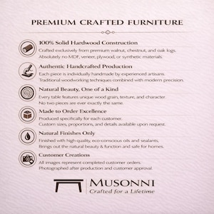 May include: A cream-coloured graphic with the text "PREMIUM CRAFTED FURNITURE" at the top. Below are descriptions of the furniture's features, including solid hardwood construction, handcrafted production, and natural finishes. The Musonni logo is at the bottom.