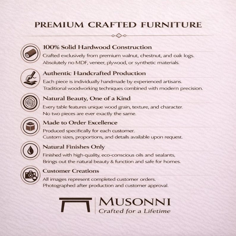 May include: A cream-coloured graphic with the text "PREMIUM CRAFTED FURNITURE" at the top. Below are descriptions of the furniture's features, including solid hardwood construction, handcrafted production, and natural finishes. The Musonni logo is at the bottom.