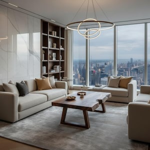May include: A modern living room with a city view. Features include a light-colored sofa, armchairs, and a wooden coffee table. A large window offers a panoramic view of the city skyline. A circular light fixture hangs from the ceiling.
