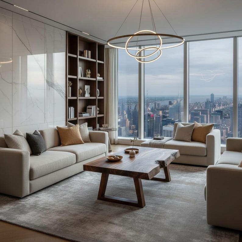 May include: A modern living room with a city view. Features include a light-colored sofa, armchairs, and a wooden coffee table. A large window offers a panoramic view of the city skyline. A circular light fixture hangs from the ceiling.