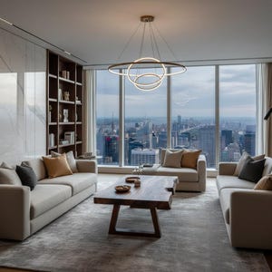 May include: A modern living room with a city view. The room features light-colored sofas, a wooden coffee table, and a large area rug. A unique circular chandelier hangs from the ceiling. Large windows offer a panoramic view of the city skyline.