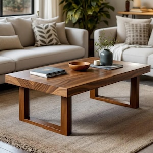 May include: A rectangular wooden coffee table with a rich brown finish. The table has a simple, modern design with a thick top and sturdy, square legs. A wooden bowl, books, and a vase with greenery are on the table, which sits on a neutral-toned rug.