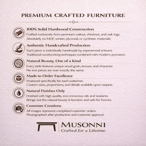 May include: A cream-colored graphic with the text "PREMIUM CRAFTED FURNITURE" at the top. Below are descriptions of the furniture's features, including solid hardwood construction, handcrafted production, and natural finishes. The Musonni logo is at the bottom.