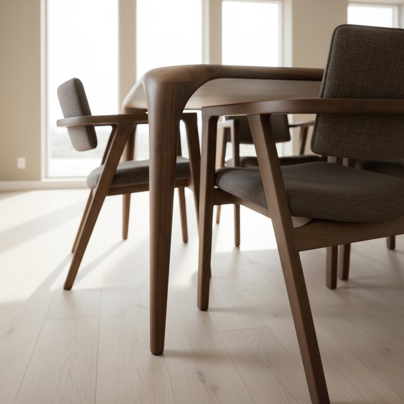 May include: A contemporary dining set comprising a wooden table with curved edges and angled legs. Several chairs with grey upholstered seats and armrests are included. The furniture is set against a bright, neutral backdrop.
