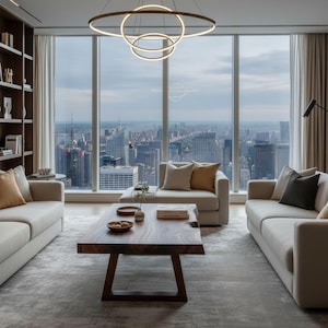 May include: A modern living room with a city view. Features include two beige sofas, a wooden coffee table, and a circular light fixture. The room has large windows with a cityscape backdrop, a bookshelf, and neutral-toned decor.