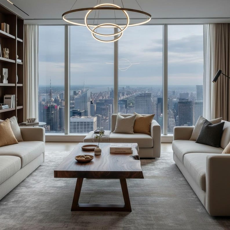 May include: A modern living room with a city view. Features include two beige sofas, a wooden coffee table, and a circular light fixture. The room has large windows with a cityscape backdrop, a bookshelf, and neutral-toned decor.