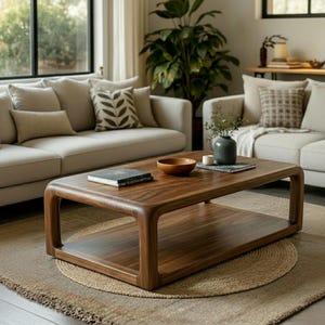Puede incluir: Una mesa de centro moderna de madera oscura con esquinas redondeadas y un estante inferior. La mesa está en un salón con un sofá beige, cojines decorativos y una alfombra redonda de yute. Un cuenco de madera y un libro están sobre la mesa.