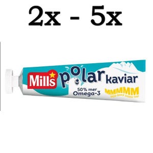 May include: A tube of Mills Polar Kaviar, a fish roe spread, with a white and blue design. The tube features the text "Mills Polar kaviar" and "50% mer Omega-3". The text "2x - 5x" is above the tube.