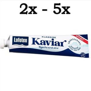 May include: A tube of Lofoten Klassisk Kaviar, with blue and white text. The tube has a white cap and a blue and white design. The text "2x - 5x" is above the tube.