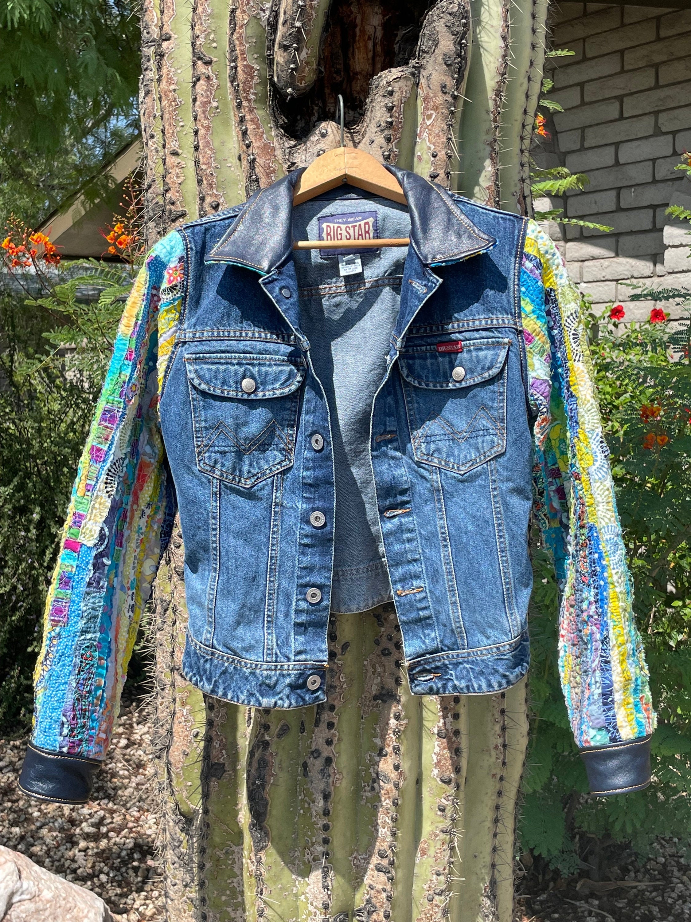 Denim Jacket Reimagined Upcycled Distressed Thrifted Fiber  display picture 2