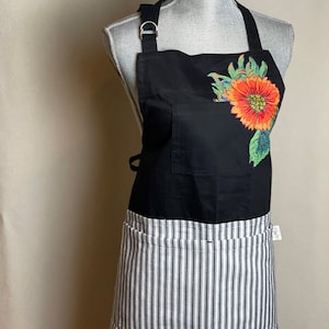 Chef apron of black and stripe full apron for baker cook with floral applique women&#39;s apron