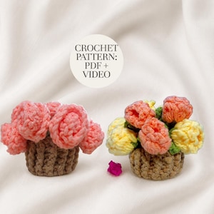 Puede incluir: Dos arreglos florales de ganchillo en macetas marrones. Uno tiene flores rosas, el otro flores amarillas y naranjas. Un pequeño objeto rosa se sitúa entre ambos. Texto: CROCHET PATTERN: PDF + VIDEO. Los artículos están sobre tela blanca.
