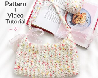 Crochet Bag Pattern PDF + Video, Easy Shoulder Tote, Beginner Ribbon Bag