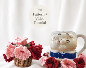 Crochet Coaster Pattern Flower with Pot PDF + Video Tutorial, Beginner Coaster Set, Floral Mug Rug