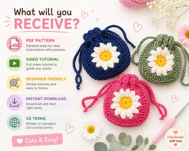 May include: Three crocheted drawstring pouches in navy blue, sage green, and bright pink, each featuring a central white and yellow daisy motif. The image includes text: What will you RECEIVE?, PDF PATTERN, VIDEO TUTORIAL, BEGINNER FRIENDLY, INSTANT DOWNLOAD, US TERMS, and Cute & Easy!