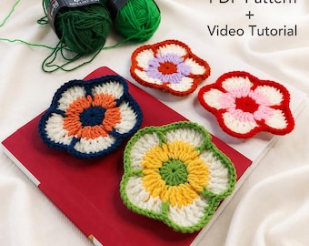 Flower Crochet Pattern Coaster PDF + Video Tutorial, Beginner Floral Coaster Set, Crochet Mug Rug