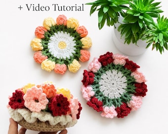 Crochet Coaster Pattern Set – 2 Flower Coasters in Pot PDF + Video Tutorial