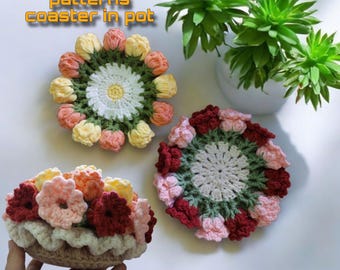 Crochet Coaster Pattern Set – 2 Flower Coasters in Pot PDF + Video Tutorial