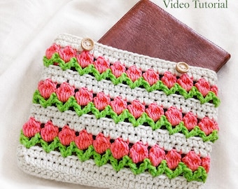 Crochet Book Sleeve Pattern PDF + Video, Kindle Cover, Tulip Design