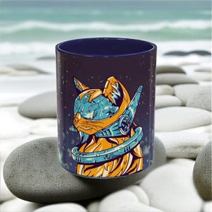 Cosmic Cat Coffee Mug, Space Lover&#39;s Ceramic Mug, Unique Gift for Cat Lovers, Astronaut Cat Design, Kawaii Cat Mug, Birthday Gift, Blue Mug