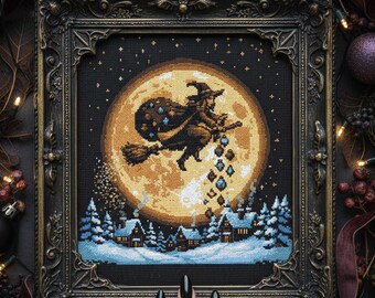 Schema punto croce Strega al chiaro di luna: ricamo Villaggio innevato e cristalli cadenti (schema PDF)