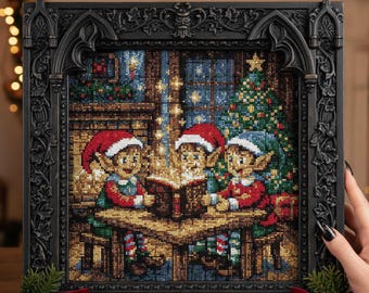 Christmas Elves Cross Stitch Pattern Magical Storybook Embroidery PDF Cozy Fireplace Tree Holiday Design
