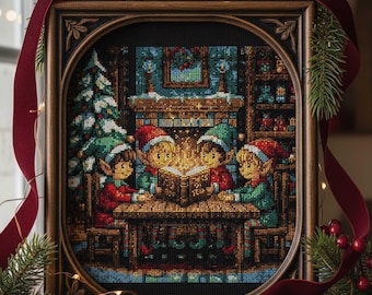 Christmas Elves Cross Stitch Pattern Cozy Holiday Embroidery PDF Magical Fireplace Storybook Winter Design