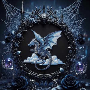 May include: A detailed, gothic-style illustration featuring a blue dragon with outstretched wings, set against a black background. The dragon is surrounded by a decorative frame with roses, spiderwebs, and other fantasy elements. The color palette is primarily blue and black.