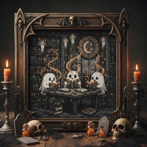 May include: A framed cross-stitch artwork showing three ghosts at a table, set against a spooky library. The dark wood frame has skull details. Lit candles and Halloween decorations complete the scene. Ideal for Halloween decor.