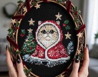 Weihnachtskatze Kreuzstichmuster: Feiertags-Stickerei (PDF-Muster)