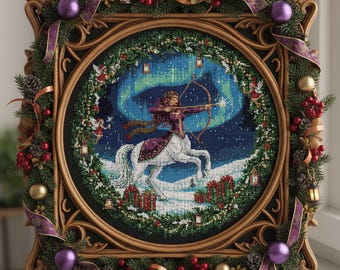 Sagittarius Cross Stitch Pattern: Zodiac Centaur under Aurora Winter Embroidery (PDF Pattern)