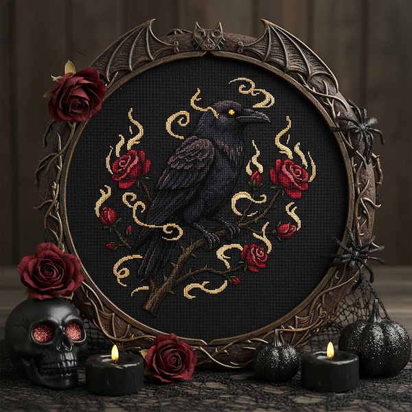 Raven and Roses Cross Stitch Pattern Gothic Bird Embroidery PDF Dark Red Flowers Vintage Witchy Design