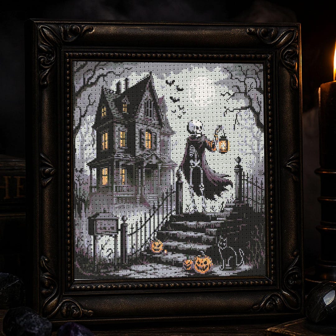 Haunted Mansion Skeleton Cross Stitch Pattern Gothic Halloween Lantern ...