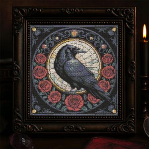 Stained Glass Raven Cross Stitch Pattern Gothic Roses Raven Embroidery Gothic Crow Spooky Bird Witchy Tarot Fantasy Halloween Cross Stitch