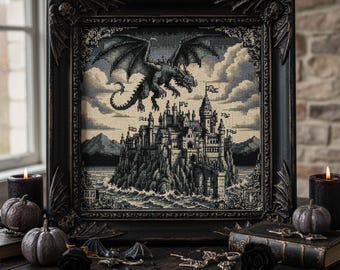 Gothic Dragon Castle Cross Stitch Pattern: Dark Fantasy Medieval Fortress Embroidery (PDF Pattern)
