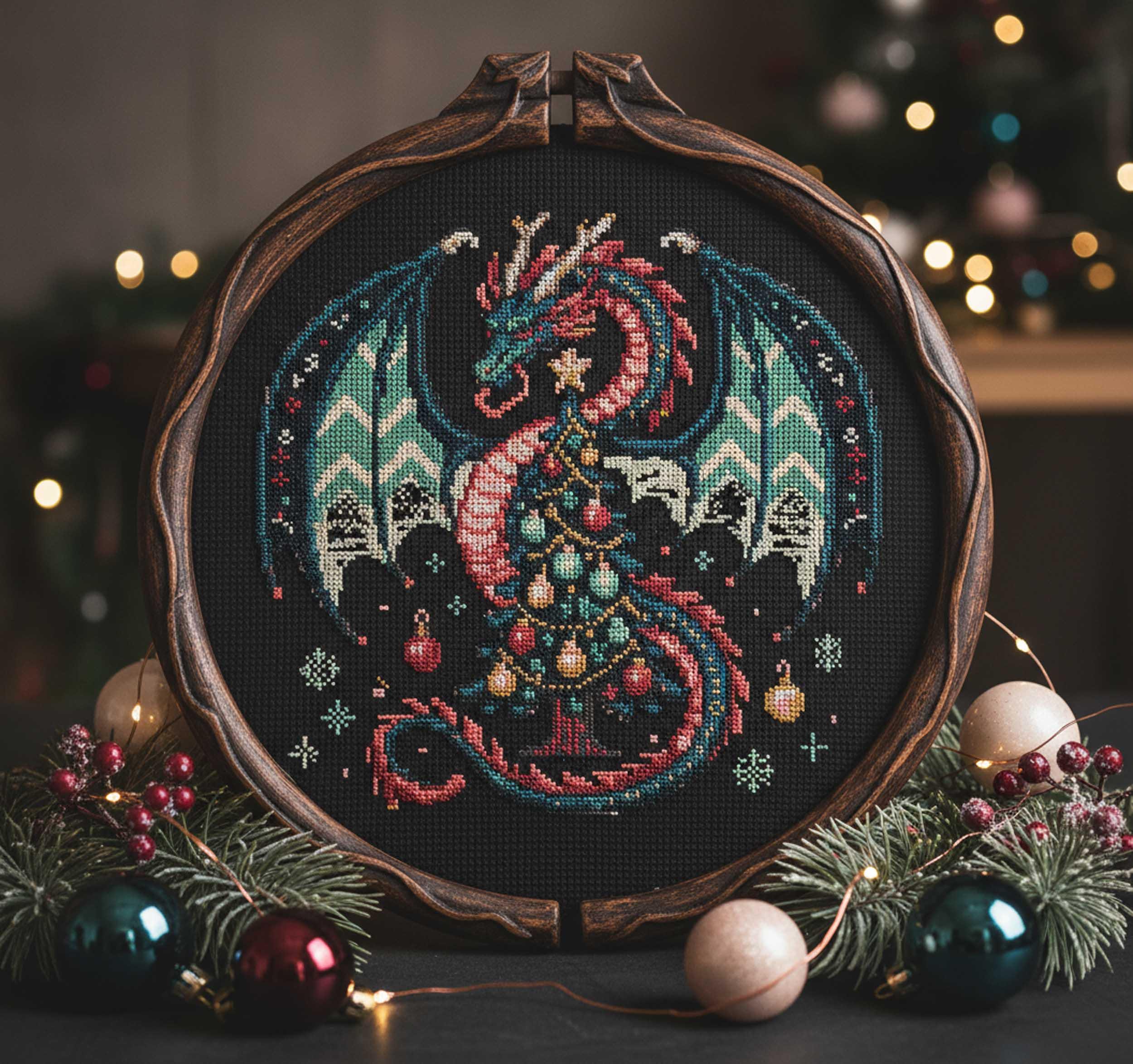 Christmas Dragon Cross Stitch Pattern Gothic Fantasy Dragon With Tree ...