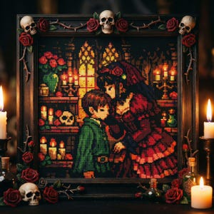 May include: Framed cross-stitch artwork depicting a gothic scene with a woman in a red dress and a boy in a green jacket. The frame is adorned with roses, skulls, and thorny vines. Lit candles and bottles flank the artwork.