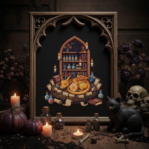 Golden Dragon Cross-Stitch Pattern PDF – Baby Dragon Sleeping in Library
A fantasy embroidery design of a golden baby dragon curled up in its nest, surrounded by glowing candles, potion bottles, scrolls, and bookshelves. A cozy gothic library atmosphere makes this cross-stitch perfect for dragon lovers and fantasy décor.
Fantasy Library Dragon Cross-Stitch PDF – Magical Embroidery Scene
This enchanted embroidery PDF features a golden dragon sleeping in front of a potion-filled bookshelf