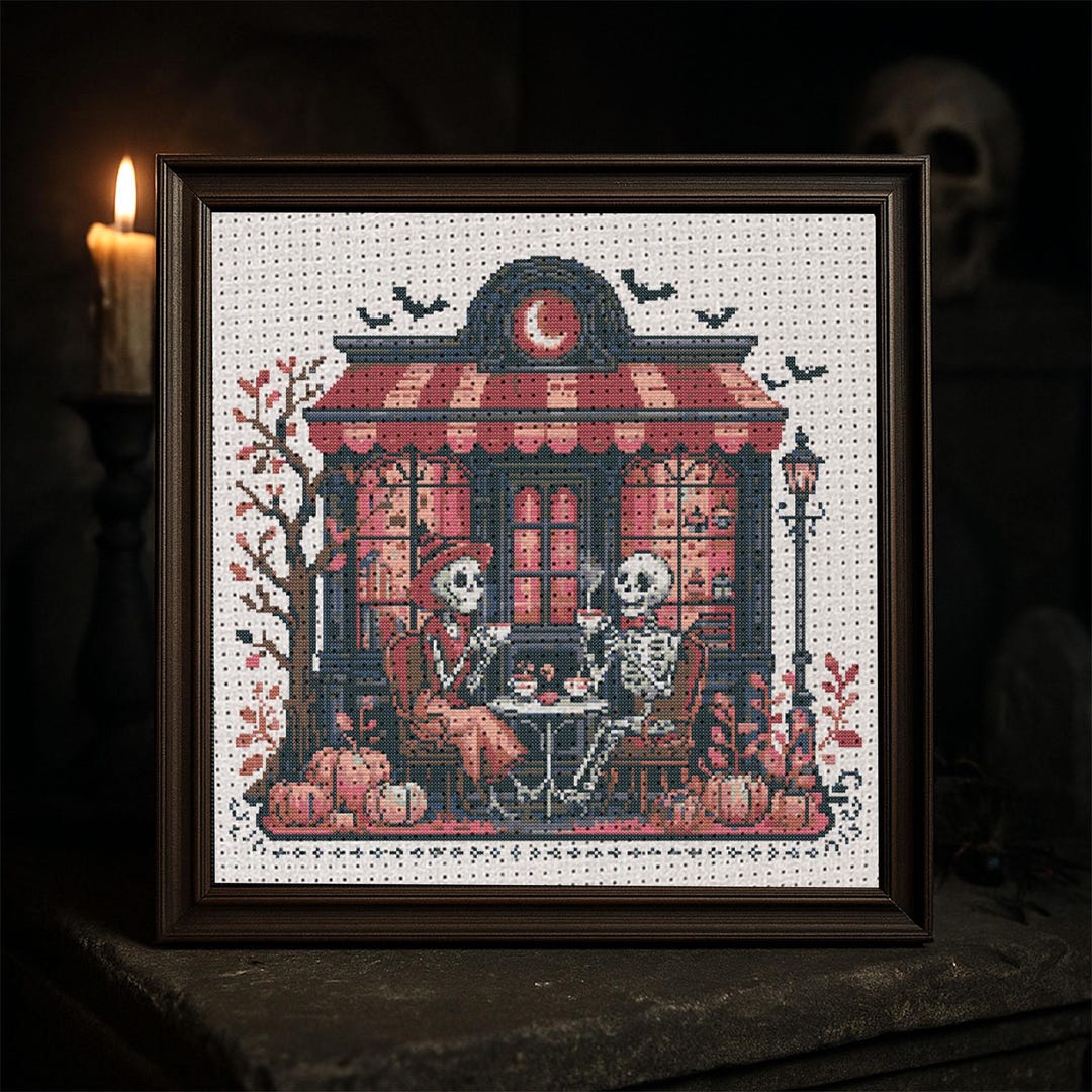 Skeleton Café Cross Stitch Pattern Halloween Gothic Coffee Shop ...