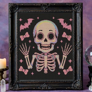 Pastel Neon Skeleton Cross Stitch Pattern Halloween Kawaii Pink Ghost Embroidery Spooky Horror Gothic Ghost Bat Magic Halloween Cross Stitch