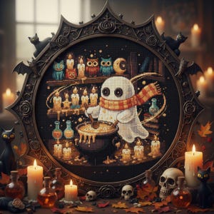Può includere: Un ricamo a punto croce a tema Halloween con un fantasma che mescola un calderone, circondato da candele, teschi e bottiglie di pozioni. Il disegno è incorniciato in un bordo decorativo di colore scuro con pipistrelli e gatti neri. La tavolozza dei colori include arancione, bianco e nero.