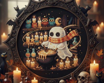 May include: A Halloween-themed cross-stitch design featuring a ghost stirring a cauldron, surrounded by candles, skulls, and potion bottles. The design is framed in a decorative, dark-colored border with bats and black cats. The color palette includes orange, white, and black.