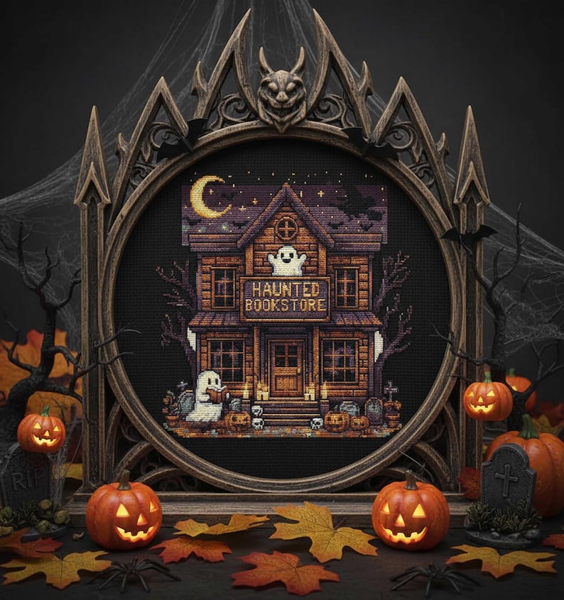 Haunted Bookstore Cross Stitch Pattern Gothic Halloween Embroidery PDF ...