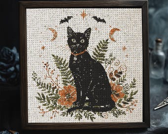Black Cat Cross Stitch Pattern Halloween Witch Cat Embroidery Spooky Gothic Moon Phases Bats Autumn Flowers Sampler Dark Academia PDF