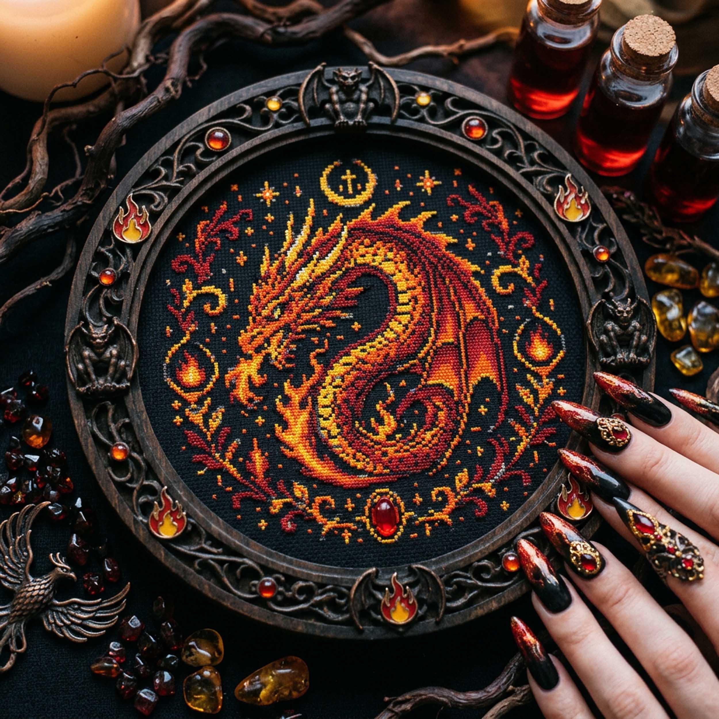 Fire Dragon Cross Stitch Pattern: Fiery Fantasy Dragon Gothic Mythical ...