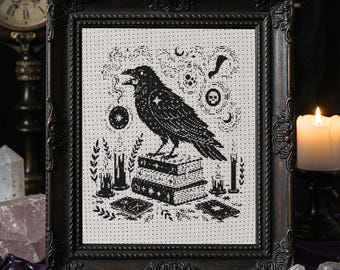 Occult Raven Library Cross Stitch Pattern Spooky Crow Books Embroidery Spooky Bird Dark Gothic Academia Fantasy Halloween Cross Stitch PDF