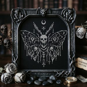Puede incluir: Un bordado negro enmarcado que representa una polilla con un diseño de calavera. El marco gris oscuro tiene detalles de gárgolas. La obra de arte está rodeada de calaveras, rosas secas y una brújula.
