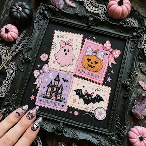 Pink Halloween Stamps Cross Stitch Pattern: Ghost Pumpkin Bat Haunted House Embroidery PDF