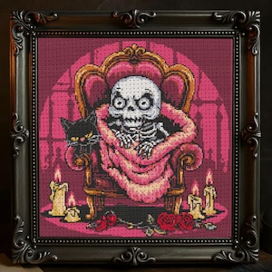 Skeleton Cross Stitch Pattern Halloween Crying Skeleton in Pink Chair Embroidery Spooky Horror Gothic Ghost Magic Halloween Cross Stitch PDF